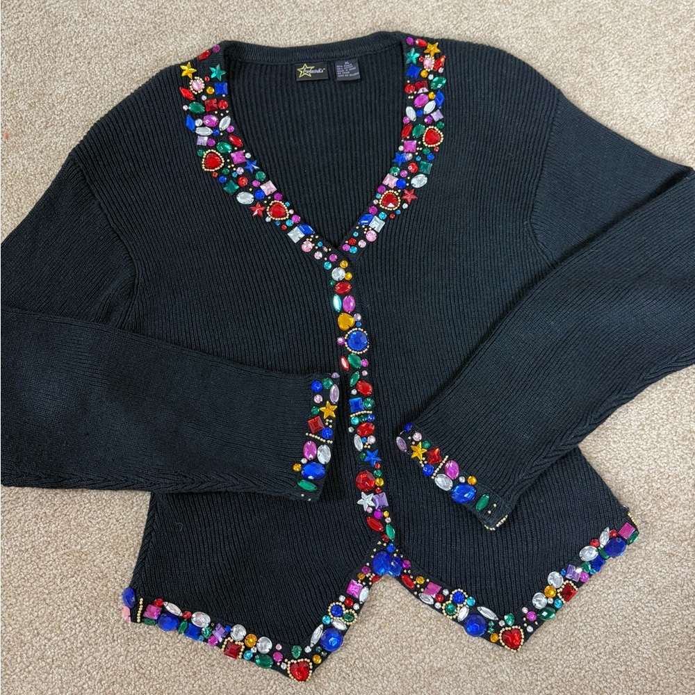Vintage 90s Frederickโs of Hollywood Black Jewel Embellished Cardigan Sweater XL